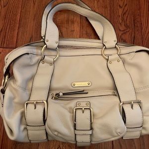 Michael Kors Purse, white leather mini duffel bag, gold accents. Good condition